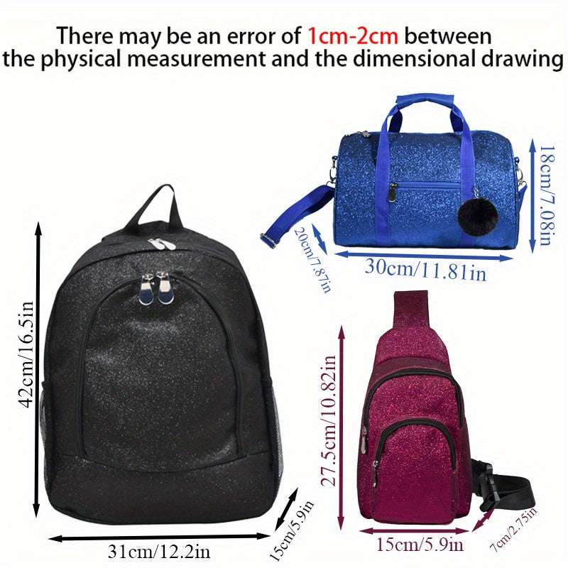 3-Piece Glitter Men's Bag Set: Casual PVC Backpack, Shoulder Messenger Bag & Waist Pack for Travel & Everyday Use - Easy Hand Wash Maintenance