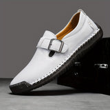 Men's Fashion Buckle Loafers - Breathable Solid Color Slip-On Casual Sneakers, Universal Male Low Top Dress Shoes with Synthetic Leather Upper, Fabric Insole & Rubber Sole