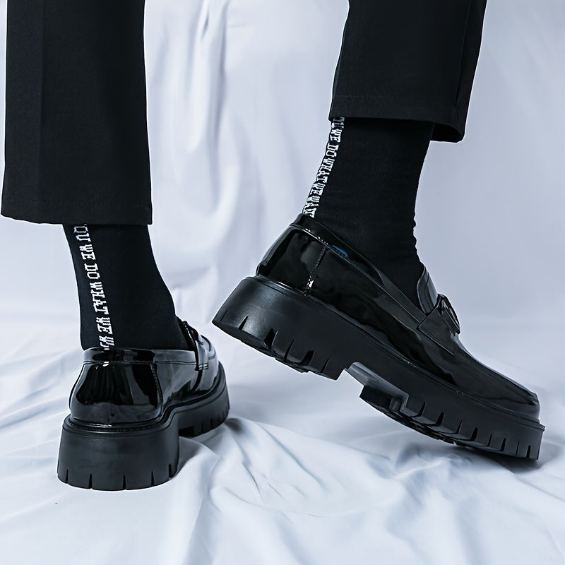 Xajzpa Men'S Black Soft Patent Platform Chunky Heel Loafers Fashion Tassel Business Casual Formal Work Shoes Non-Slip Lug Sole Slip-On Penny Loafers