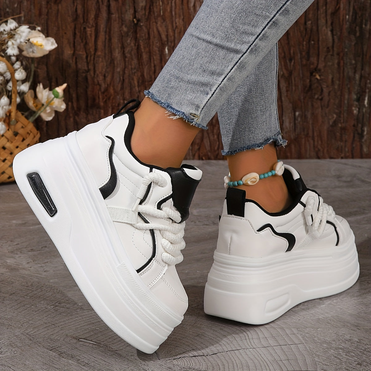 Xajzpa Women'S Trendy Platform Sneakers, Heightening Lace Up Low Top Skate Shoes, Stylish Air Cushion Wedge Trainers