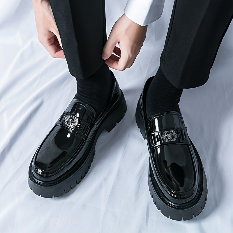 Xajzpa Men'S Black Soft Patent Platform Chunky Heel Loafers Fashion Tassel Business Casual Formal Work Shoes Non-Slip Lug Sole Slip-On Penny Loafers