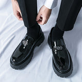 Xajzpa Men'S Black Soft Patent Platform Chunky Heel Loafers Fashion Tassel Business Casual Formal Work Shoes Non-Slip Lug Sole Slip-On Penny Loafers