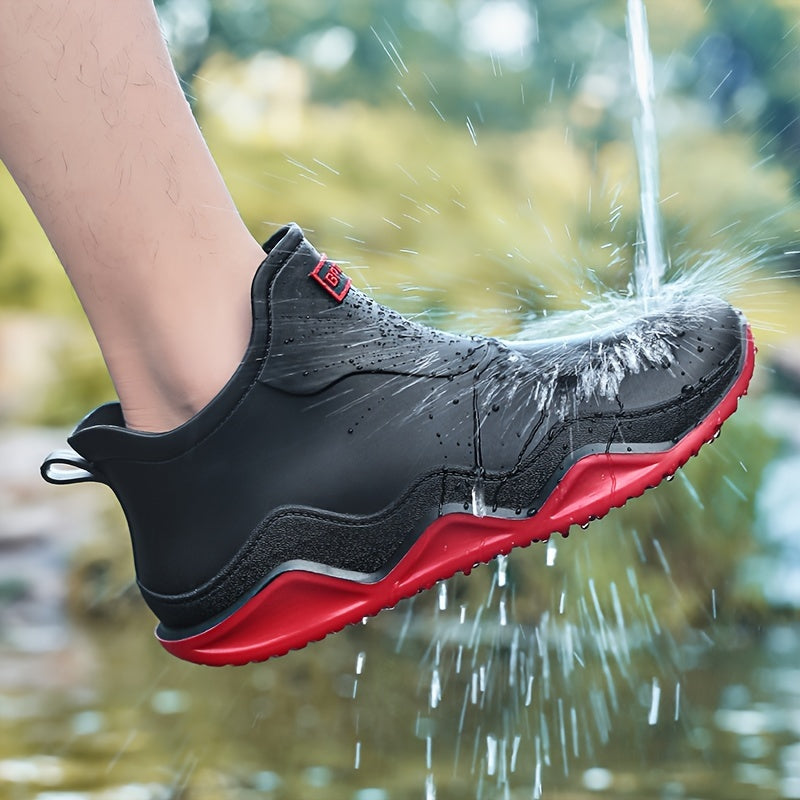 Men's Stylish Waterproof Rain Boots - Slip-Resistant, Warm PVC Shoe Covers with Fabric Lining
