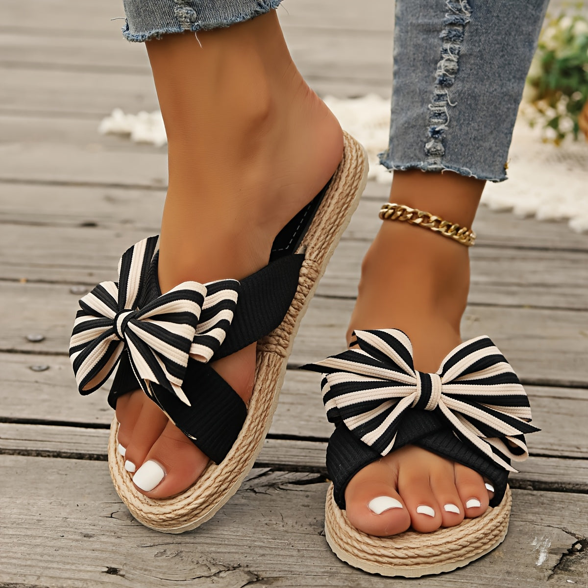 Xajzpa 1 Pair Honey Girl Women'S Summer Striped Bowknot Slides - Round Toe Slip-On Flat Beach Slippers with Ankle Strap, Comfortable Fabric Upper & Inner, EVA Sole & Insole