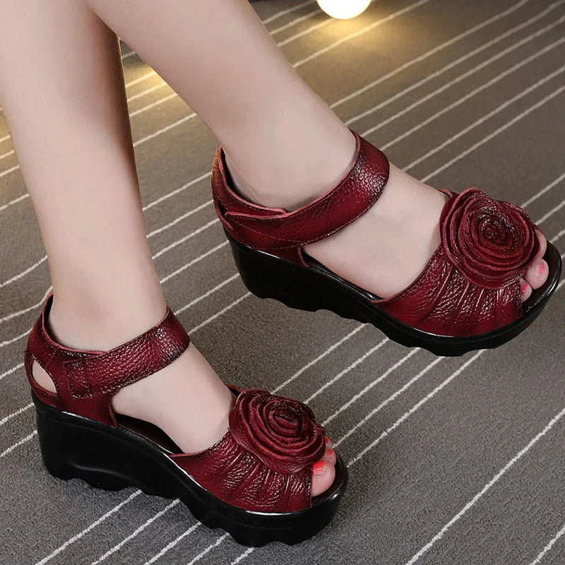 Xajzpa Ethnic Style Genuine Leather Women Shoes Sandals Wedges Sandals Handmade Genuine Leather Platform Women Sandal