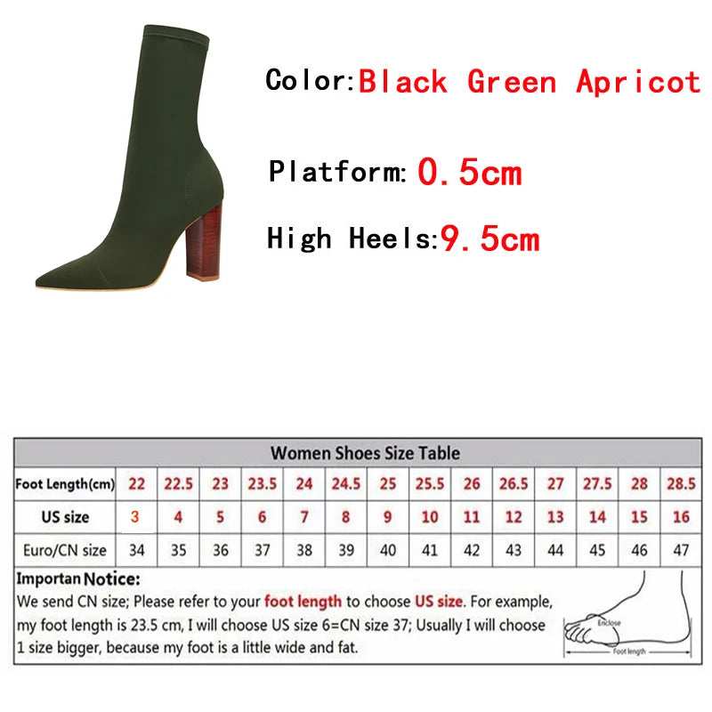 Xajzpa Size 42 43 Women Ankle Boots Square High Heels Pumps Fall Fashion Comfort Stretch Fabric Sock Boot Femme Party Dress Shoes