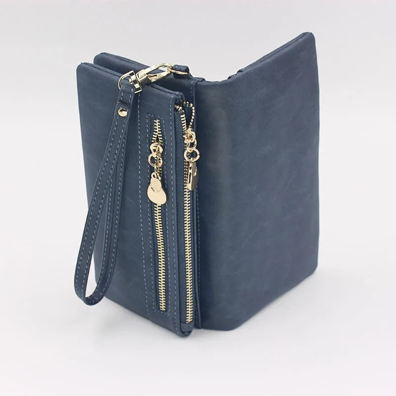 Xajzpa Large Capacity Women's Dull Polish Leather Wallet Double Zipper Clutch Wristlet Purse Phone Coin Card Holder Multi-pocket Wallet