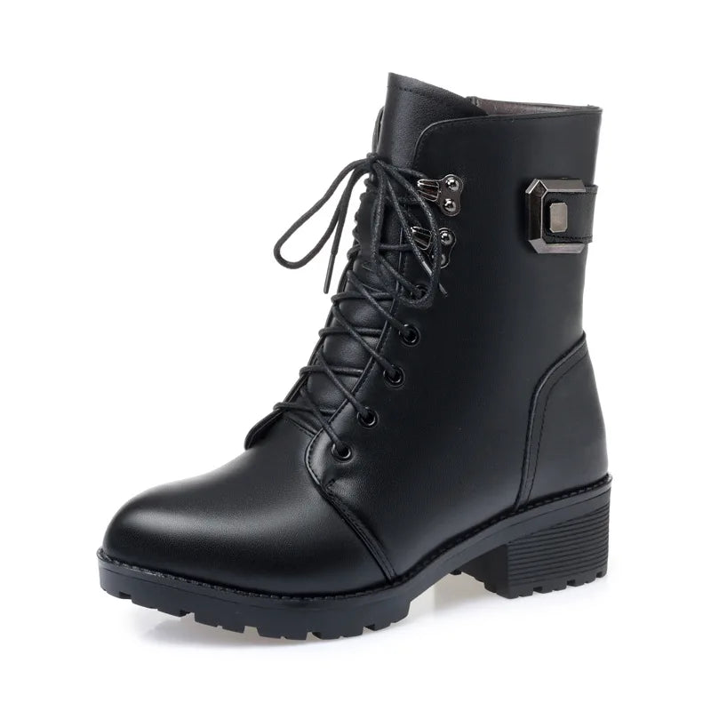Xajzpa Female Ladies Women Genuine Leather Ankle Boots Platform Winter Antumn Plush Fur Warm Shoes Plus Size Lace Up 35-43