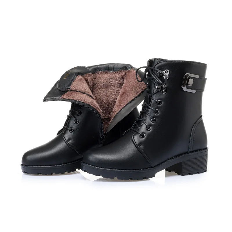 Xajzpa Female Ladies Women Genuine Leather Ankle Boots Platform Winter Antumn Plush Fur Warm Shoes Plus Size Lace Up 35-43
