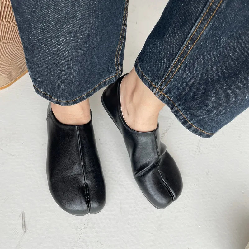 Xajzpa Women Flats Tabi Ninja Moccasins Round Split Toe Shallow Lazy Slip On Slingback Mules Leather Shoes Soft Loafers Slip