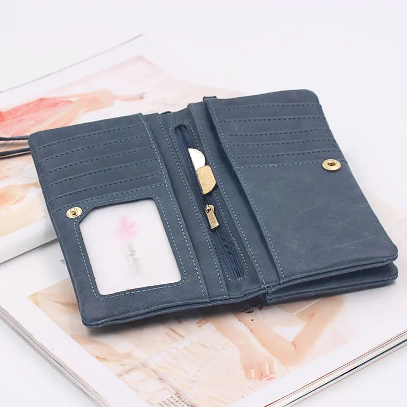 Xajzpa Large Capacity Women's Dull Polish Leather Wallet Double Zipper Clutch Wristlet Purse Phone Coin Card Holder Multi-pocket Wallet