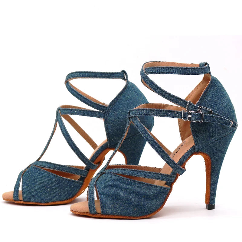 Xajzpa Denim Fabric Women Professional Latin Dance Shoes Salsa Ballroom Samba Dance Shoes Ladies High Heels Soft  Heel 5-10cm