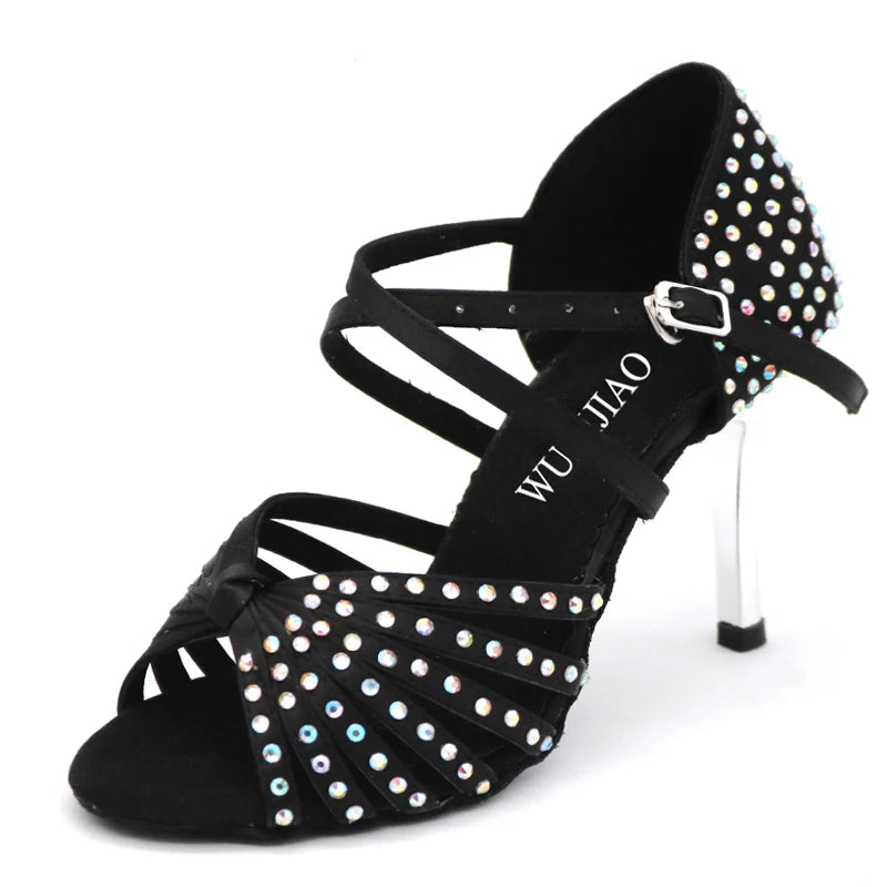 Xajzpa Satin Upper Rhinestones Sandals Dance Shoes Latin Ballroom Shoes Women Gold Heel 85mm Girls Dance Shoes Latin