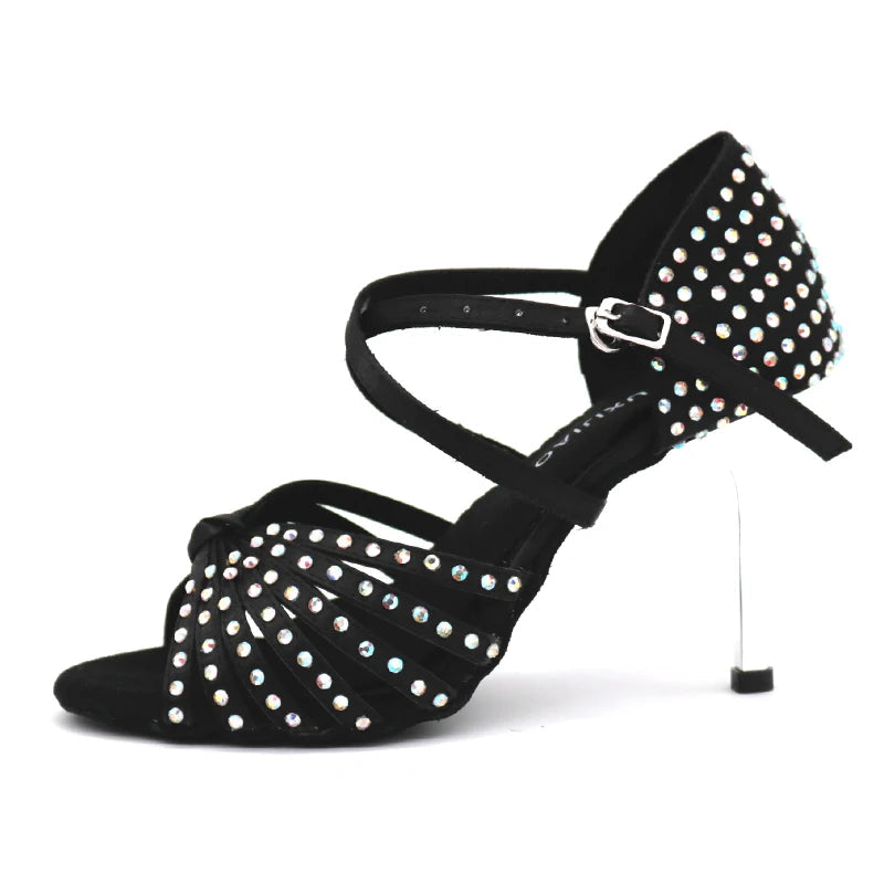 Xajzpa Satin Upper Rhinestones Sandals Dance Shoes Latin Ballroom Shoes Women Gold Heel 85mm Girls Dance Shoes Latin