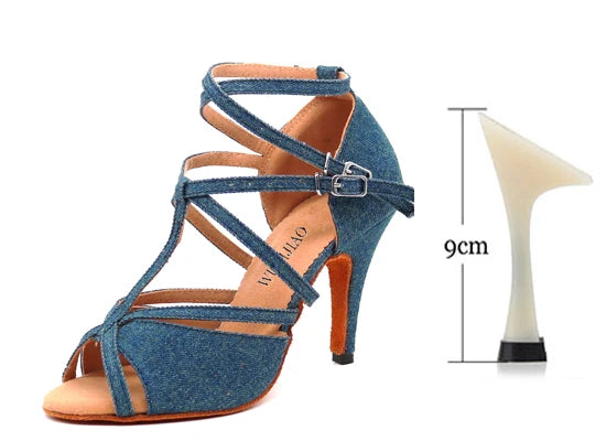 Xajzpa Denim Fabric Women Professional Latin Dance Shoes Salsa Ballroom Samba Dance Shoes Ladies High Heels Soft  Heel 5-10cm