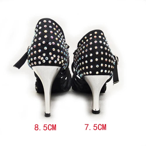 Xajzpa Satin Upper Rhinestones Sandals Dance Shoes Latin Ballroom Shoes Women Gold Heel 85mm Girls Dance Shoes Latin