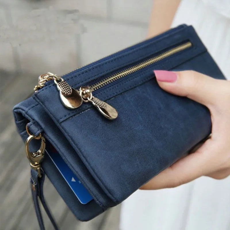 Xajzpa Large Capacity Women's Dull Polish Leather Wallet Double Zipper Clutch Wristlet Purse Phone Coin Card Holder Multi-pocket Wallet