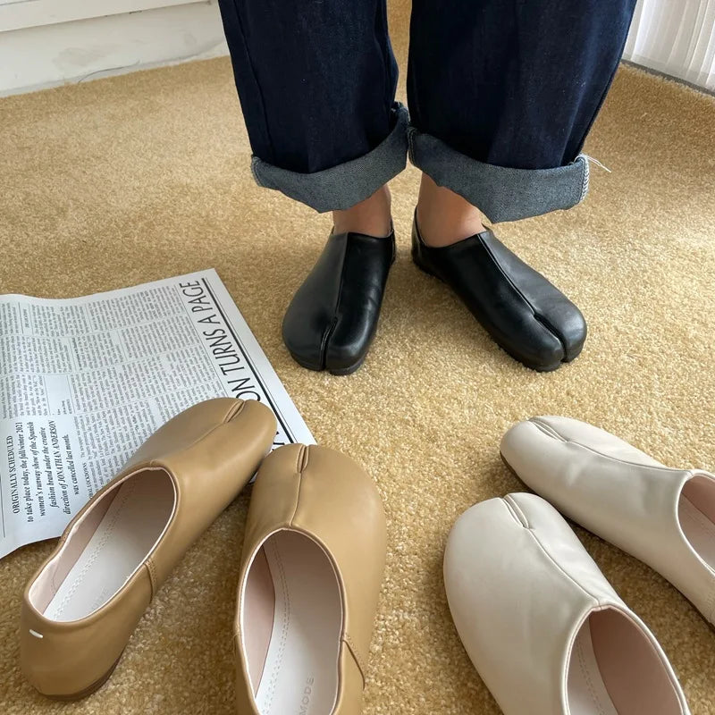 Xajzpa Women Flats Tabi Ninja Moccasins Round Split Toe Shallow Lazy Slip On Slingback Mules Leather Shoes Soft Loafers Slip