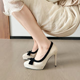 Xajzpa New Style Fashion Women's Popular Platform Super High Heels Women's Bow Small Pointed Toe Stiletto Single Shoes Zapatos Mujer