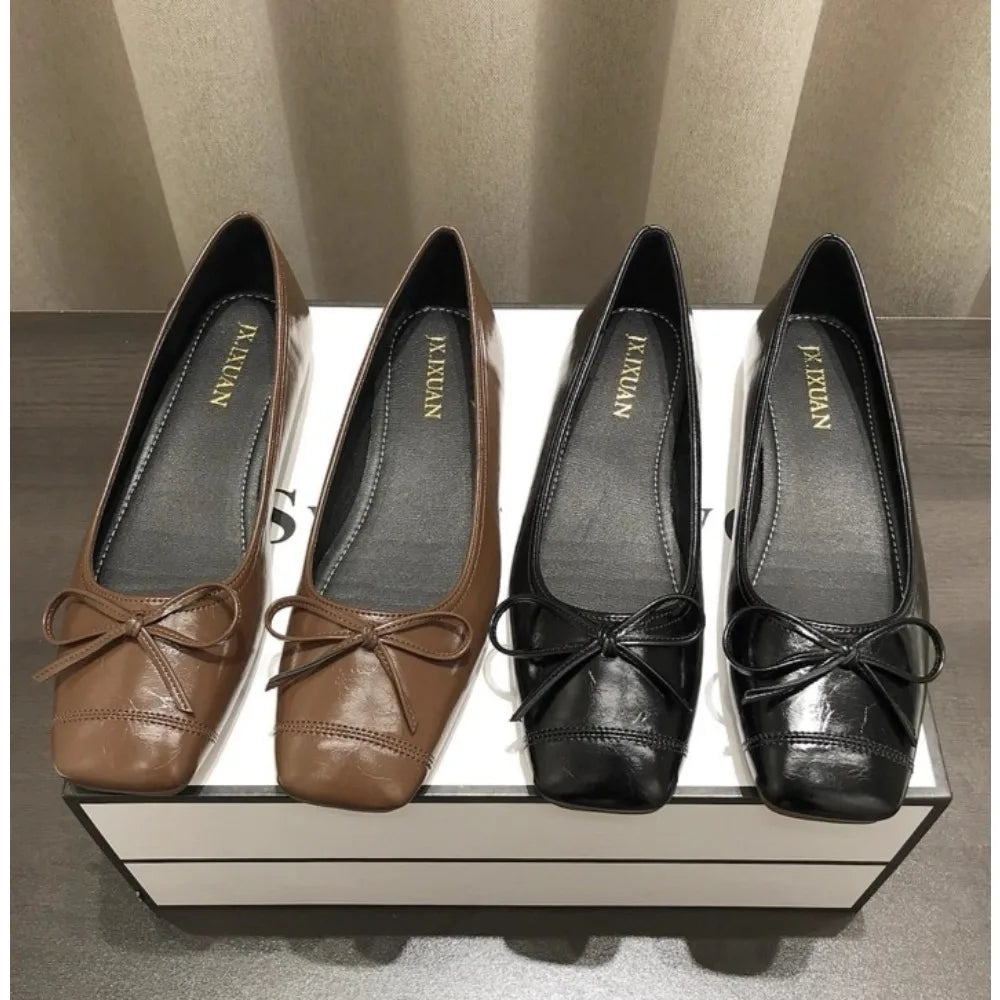 Xajzpa Bowtie Flat Shoes Women Ballerinas Square Toe Slip on Ballet Flats Lazy Loafers Moccasins Ladies Casual Comfort Shoes