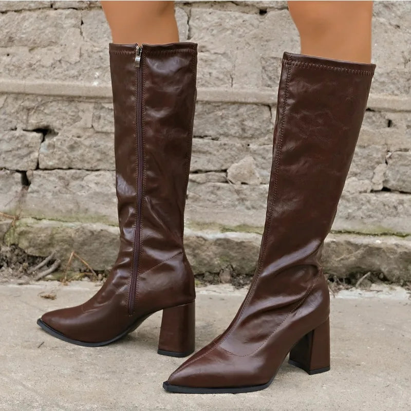 Xajzpa Fashion Solid Pu Knee High Modern Boots Women Winter Pointed Toe Side Zip Riding Boots Sexy High Heel Shoes Plus Size 42