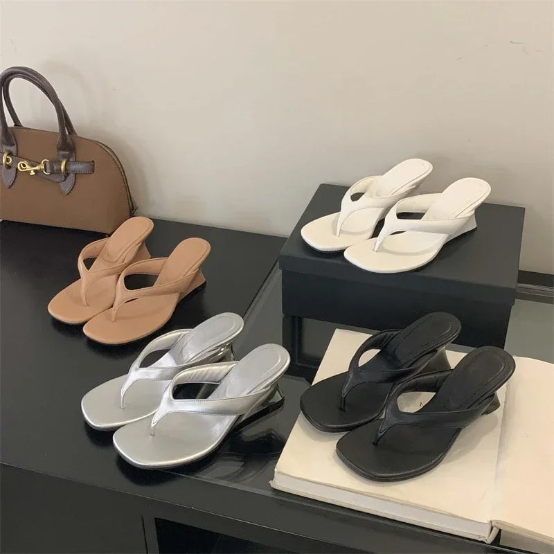 Xajzpa Fashion Square Clip Toe Platform Wedges Women Slippers 2025 Summer High Heels Flip Flops Ladies Shoes