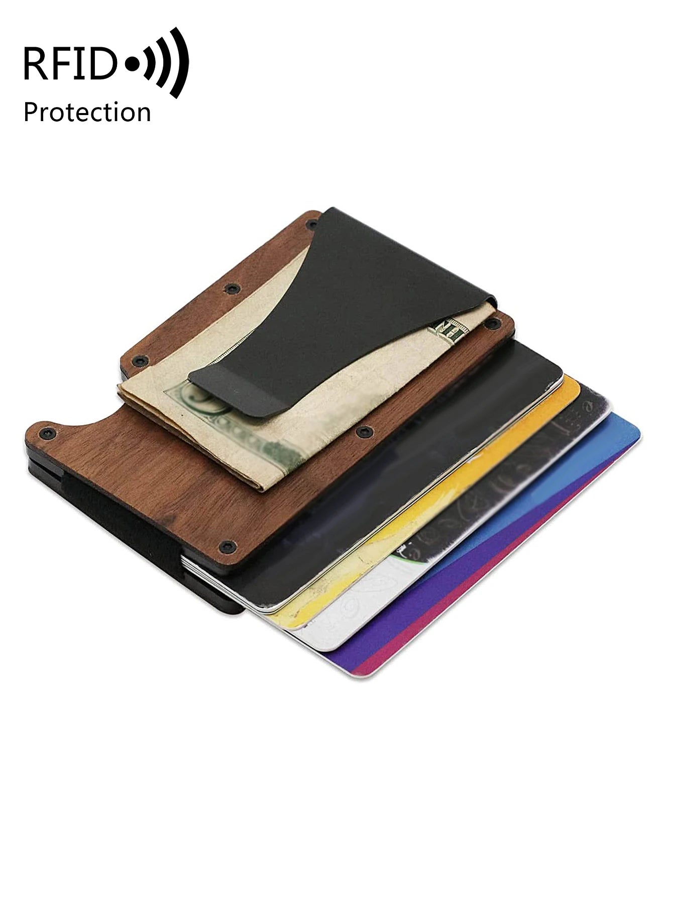 Xajzpa RFID Blocking Men's Wooden Wallet Ultra Thin Metal Money Clip for Men Minimalist Wooden Aluminum Wallet Card Holder