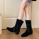 Xajzpa New Style Luxury Women Sexy Pointed Toe Western Cowboy Boot Women Fashionable Metal Rivets Mid Calf Suede Booties Non Slip Boots