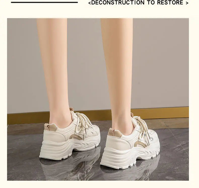 Xajzpa Women's Leather Dad Shoes Spring Autumn Lightweight Cotton Breathable Comfortable Casual Sports Sneakers