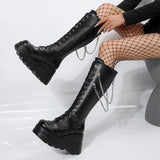 Xajzpa Winter High Heels Chain Chelsea Boots Platform Knee High Women Luxury Shoes Fashion New Trend Lace Up Wedges Zipper Boots