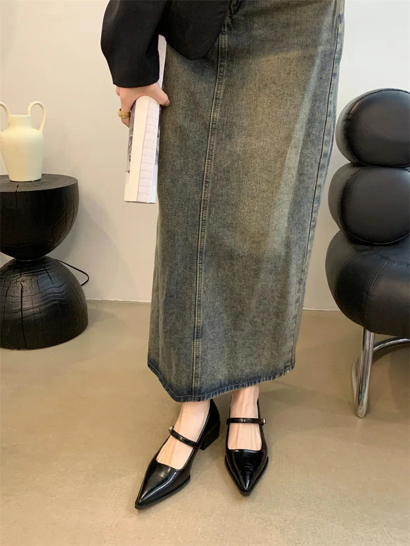 Xajzpa Retro Style Thick Heel Spring and Autumn Women Mary Jane Shoes Fashion Shallow Pointed Toe Ladies Comfort Office Pumps Footwear