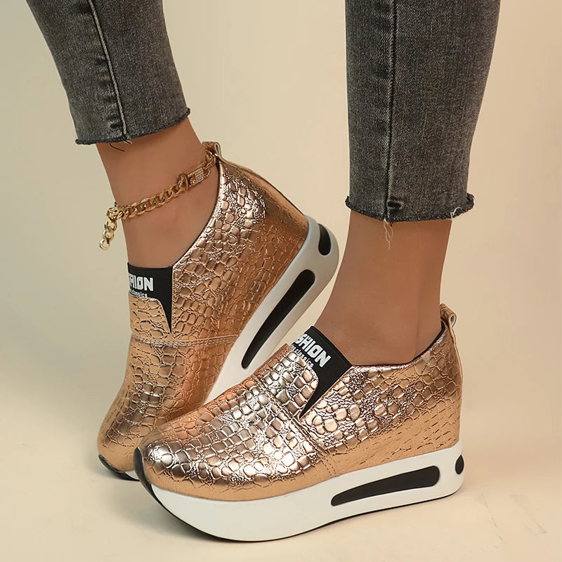 Xajzpa Patent Leather Wedge Loafers Shoes for Women New Height Increasing Platform Sneakers Woman Lightweight Slip On Casual Shoes