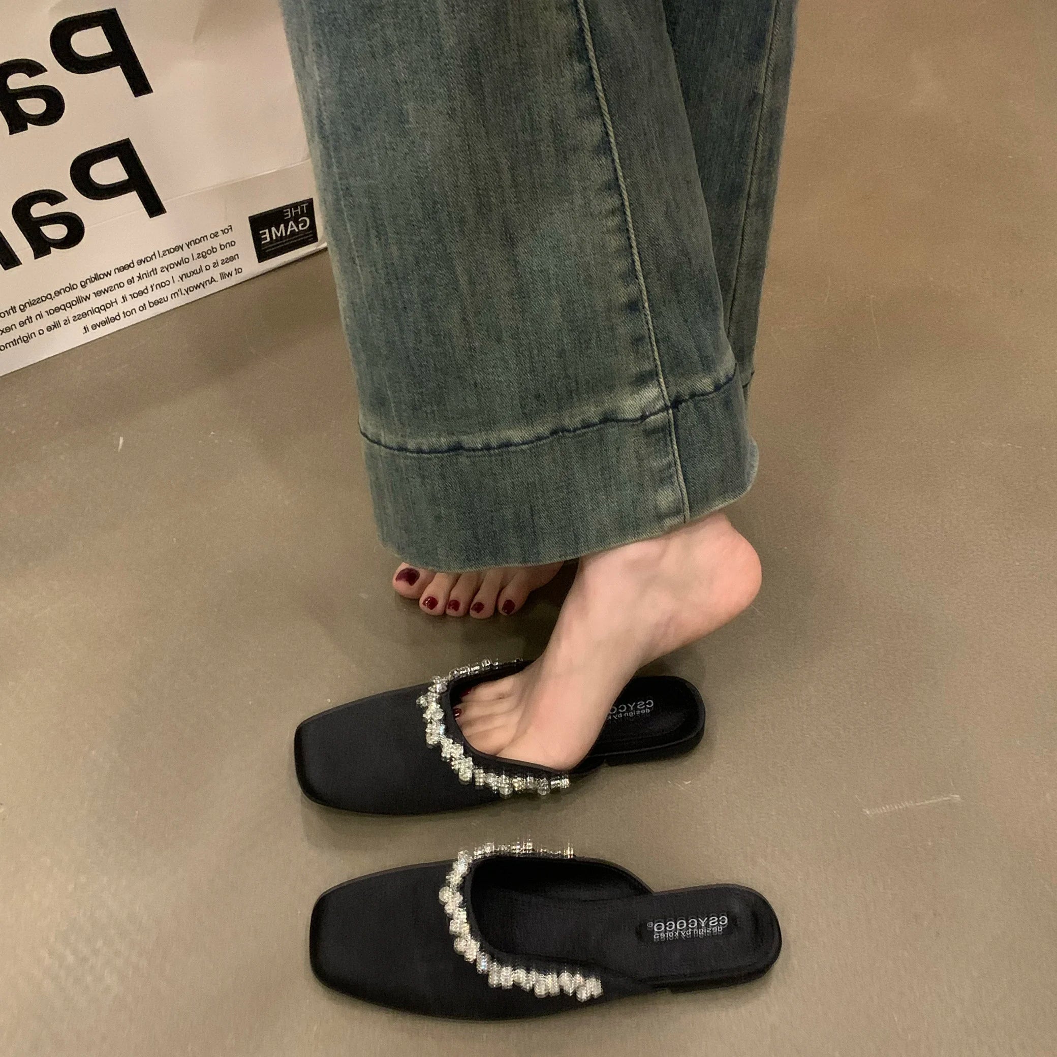 Xajzpa Square Toe Flat Shoes Female Womens Slippers Outdoor Glitter Slides Pantofle Cover Jelly Soft Crystal Scandals Flat Shoes F