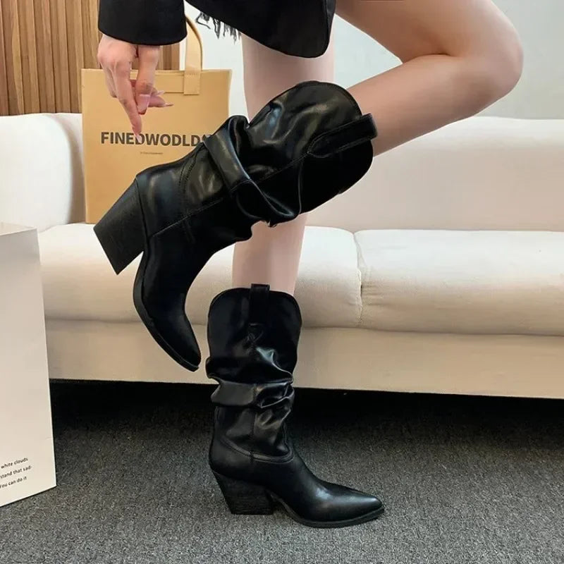 Xajzpa Female Western Boots Cowboy Boots Women Plested Women Ankle  Pu Leather Shoes Autumn Boots Women Booties Lady Plus Size 42