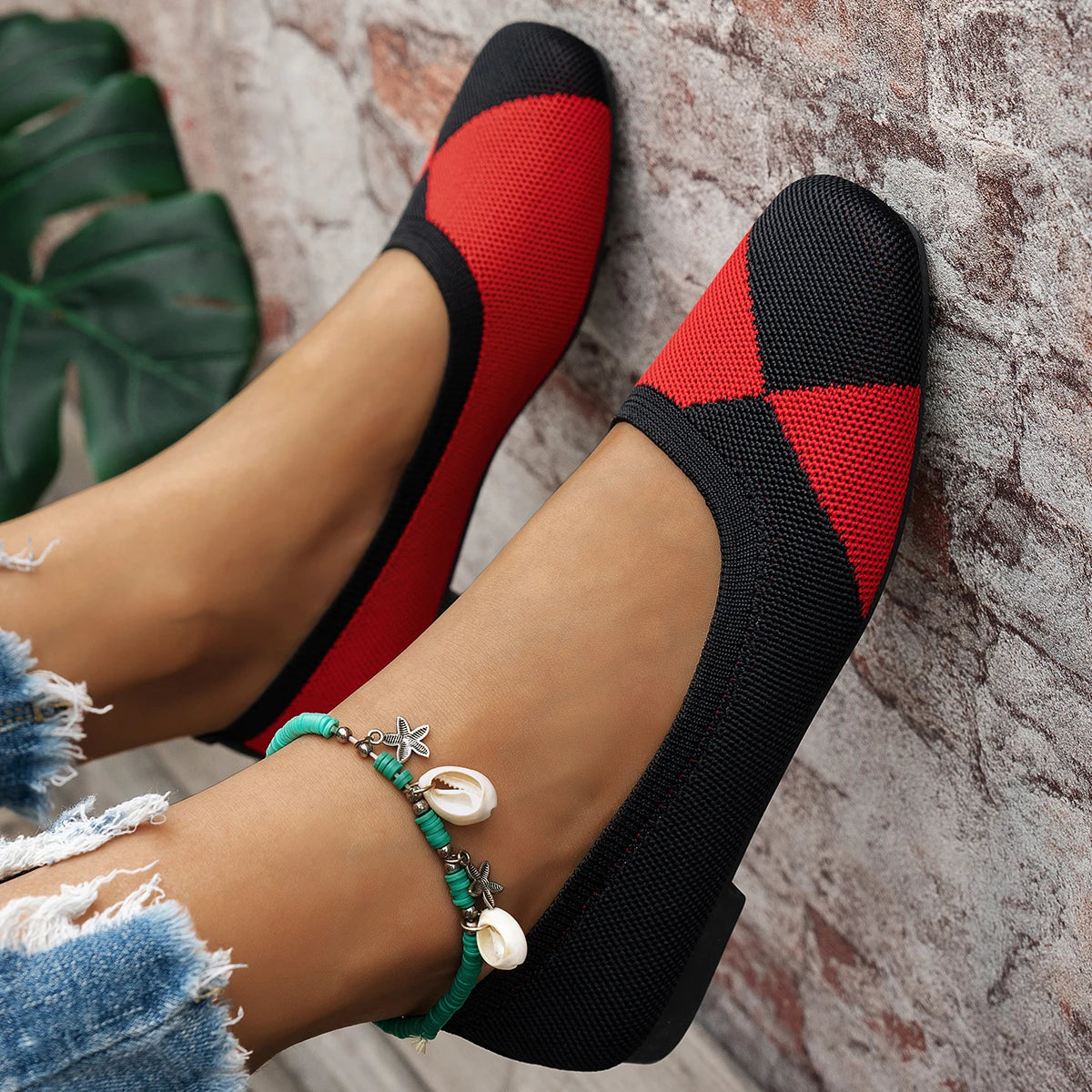 Xajzpa Spring and Autumn Flat Shoes Fashion Leisure Women's Flat Shoes Square Toe Knitting Elastic Comfortable Boutique Shoes Loafers