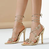 Xajzpa Sexy Crystal Butterfly Narrow Band Ankle Strap Gold Sandals Women Wedding Banquet Shoes Sexy Pointed Toe Stripper Heels