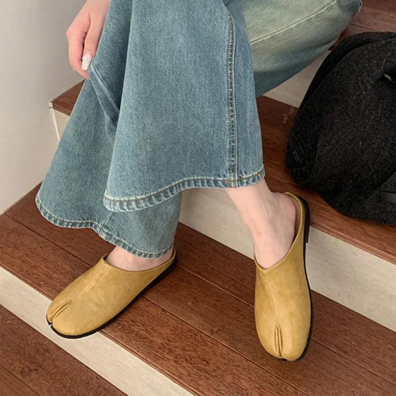 Xajzpa Women Split Toe Fur Slippers Tabi Ninja Slip On Flats Round Toe Shallow Lazy Boat Slingback Mules Shoes Soft Warm Loafe