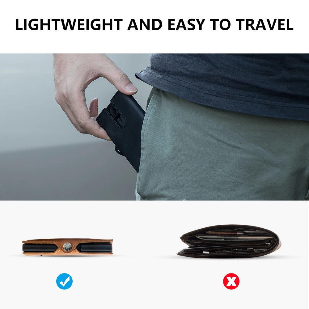 Xajzpa Men Wallets Real Cow Leahter Pop Up Business Credit Card Holder RFID Blocking Slim Smart Carbon Fiber Wallet with Pocket