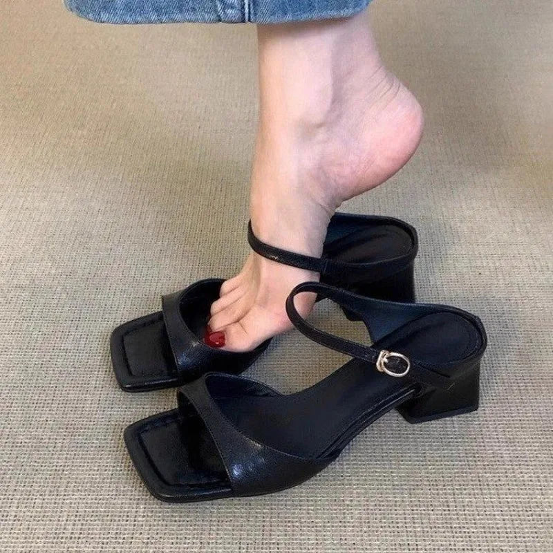 Xajzpa Women's Shoes 2025 New Concise Buckle Strap Square Heel Women's Slippers Fashion Peep Toe Versatile Large Size Modern Slippers