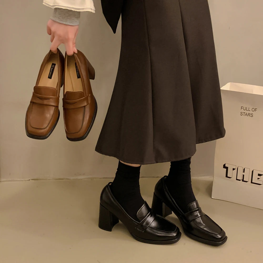 Xajzpa Summer Shoes Ladies Women's Heels Oxfords Loafers With Fur Female Footwear Slip-on New On Heels Retro Leather Dress Slip