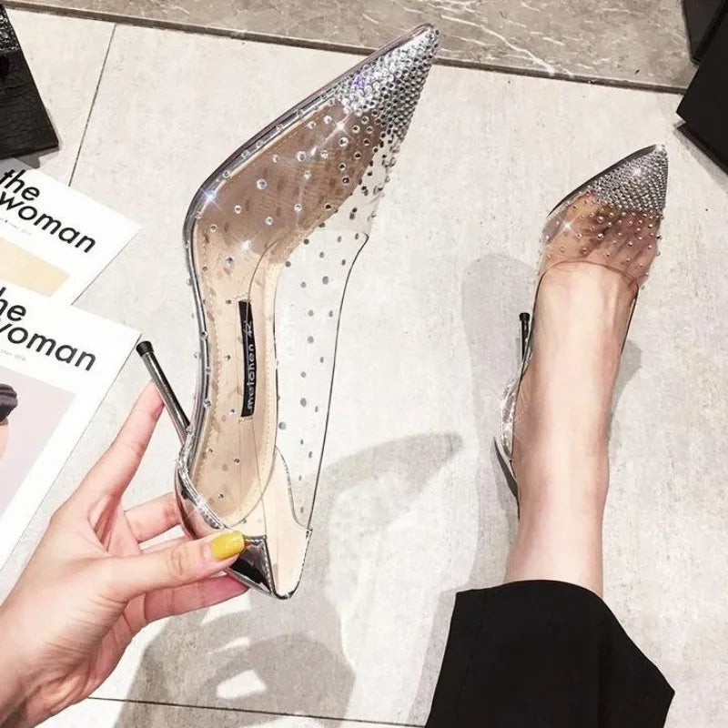 Xajzpa New Luxury Fairy Style Transparent High Heels Thin Heels Pointed Water Diamond Single Shoes Women's Crystal Wedding Shoes