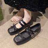 Xajzpa New Style Women's Square Toe Shoes Luxury Bow Flats Ladies Ballet Silver Belt Buckle Footwear Elegant Fashion Mary Jane Shoes