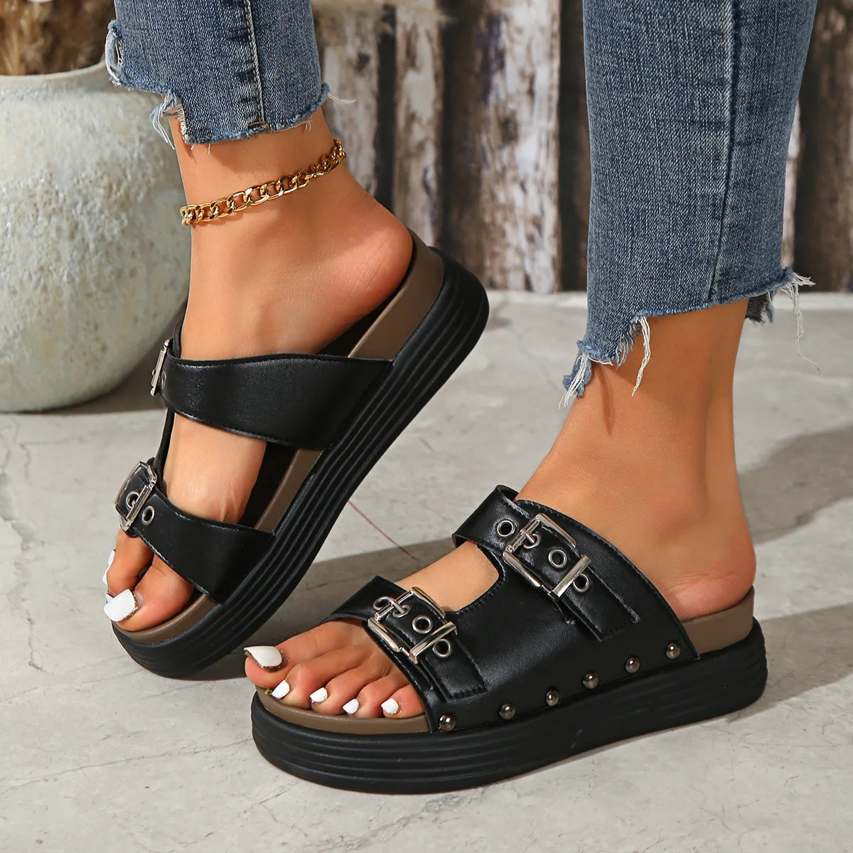 Xajzpa Low Leopard Shoes Slippers Women Summer Big Size Platform Slides Pantofle 2025 PU Fabric Buckle Strap Rome Rubber Hoof Heels