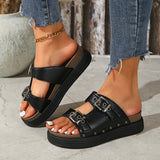 Xajzpa Low Leopard Shoes Slippers Women Summer Big Size Platform Slides Pantofle 2025 PU Fabric Buckle Strap Rome Rubber Hoof Heels