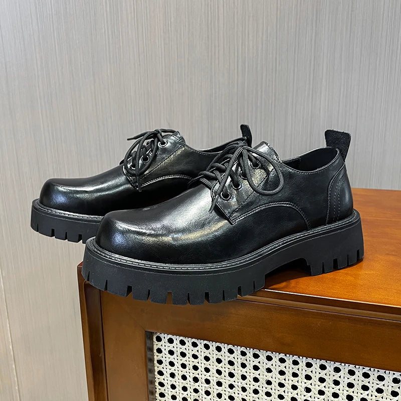 Xajzpa Men's Korean Leather Platform Oxford Slippers in Thick Bottom Racing Casual Sneakers Square Pointed Formal Dress Shoes