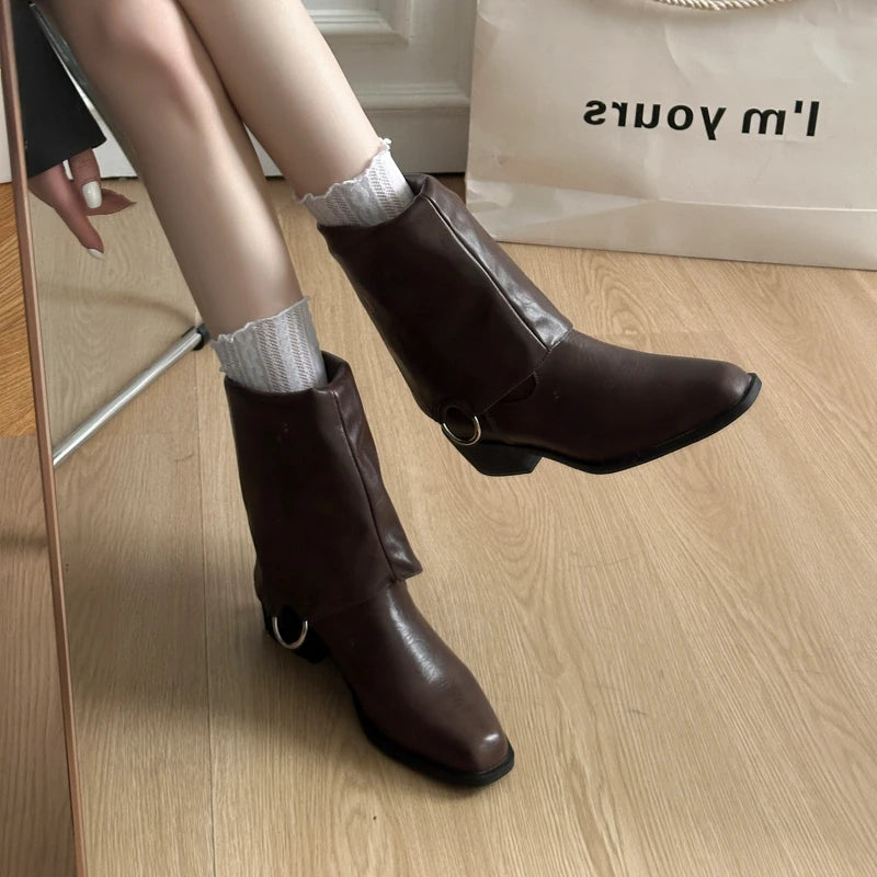 Xajzpa New Style Women's Designer Winter Vintage Women Knee High Boot Concise Slip On Thick Heel Shoes Square Toe Knight Long Booties