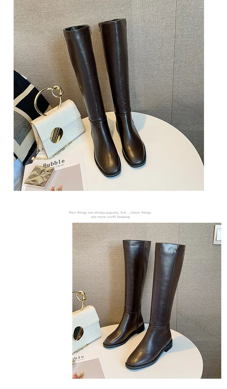 Xajzpa Winter Cotton Women Knee High Boots Fashion Zippers Ladies Elegant Low Heel Long Booties Soft Leather Women's Footwear