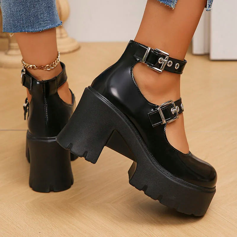 Xajzpa  Chunky Platform Punk Gothic Shoes Women Ankle Buckle Super High Heels Pumps Woman Pu Leather Square Heel Mary Jane Shoes