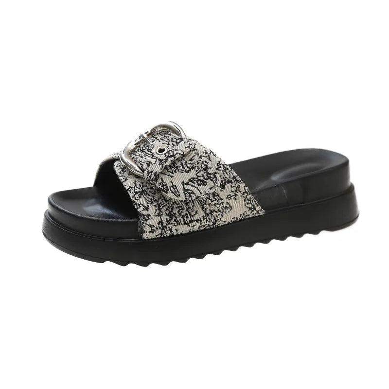 Xajzpa Low Leopard Shoes Slippers Women Summer Big Size Platform Slides Pantofle 2025 PU Fabric Buckle Strap Rome Rubber Hoof Heels