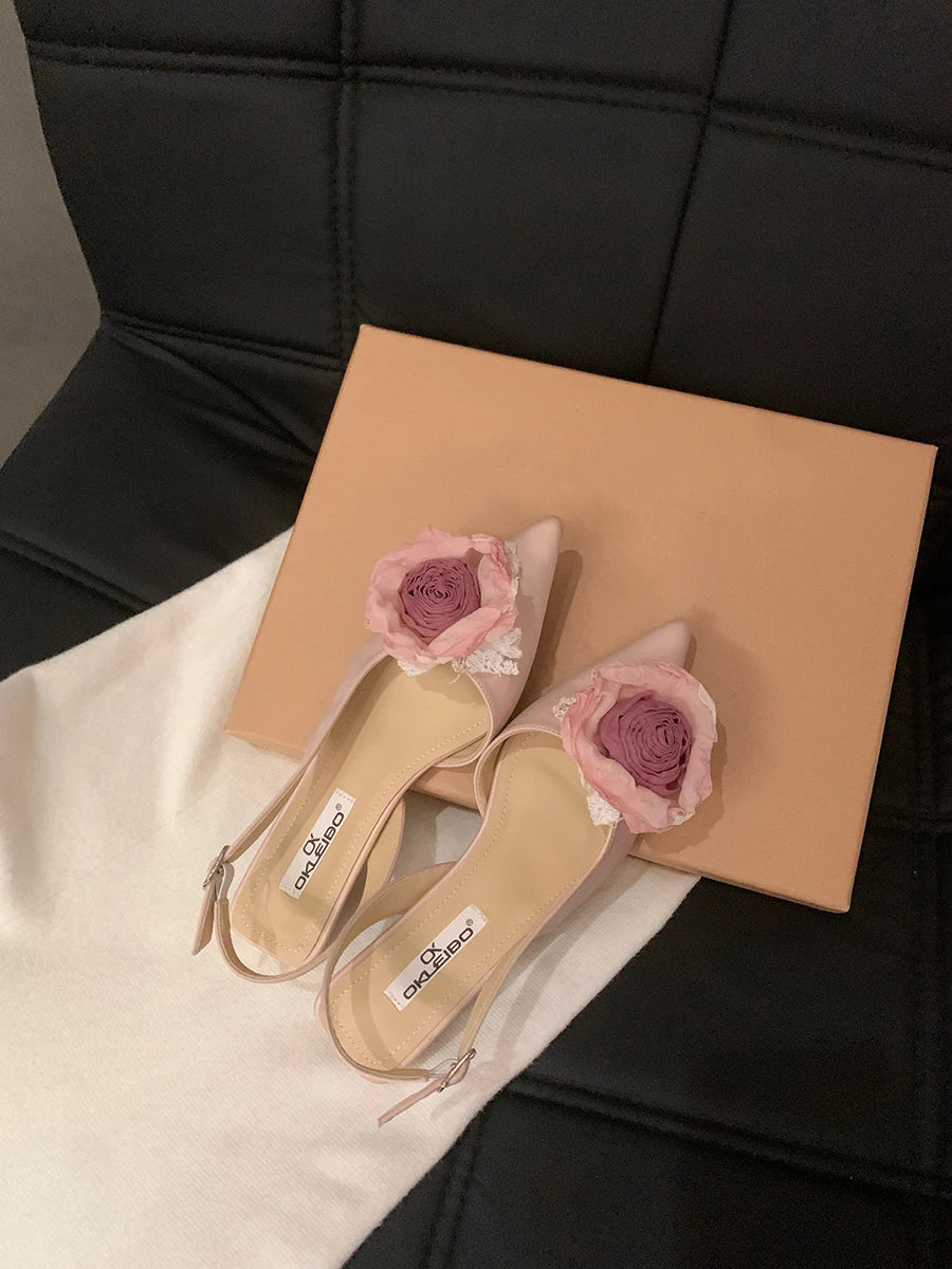 Xajzpa New Flower Designer Sandals Women Elegant Satin Mule Shoes Summer Pointed Toe Pumps Low Heel Flowers Slingback Sandals Female